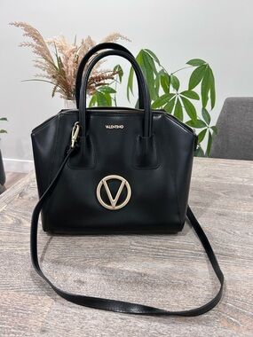 Valentino Black Leather Top-handled Hand Bag- with Crossbody Strap